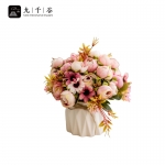 九千谷 假花摆件仿真花卉盆栽客厅桌面装饰干花菊花苞粉带陶瓷盆4169