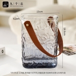 九千谷 2713花瓶玻璃摆件插花瓶假花仿真花手提U型创意客厅装饰花瓶摆件灰色皮带款